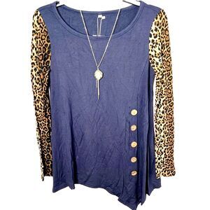 VIISHOW Women's SMALL Long Sleeve Leopard Print Navy Blue Asymmetrical Top NEW!
